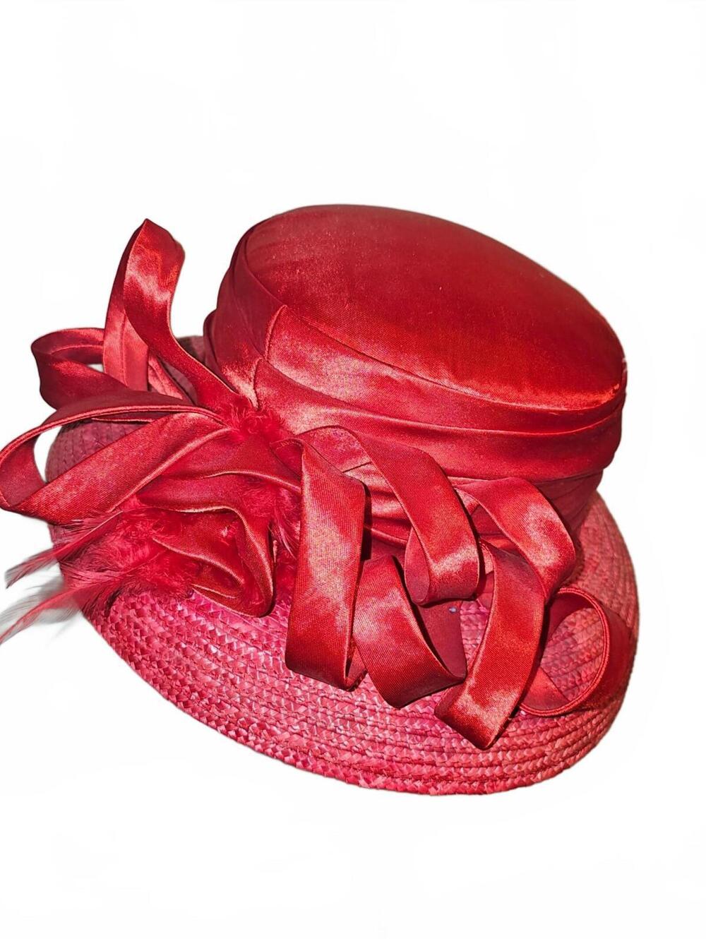 Red satin trim dress hat
